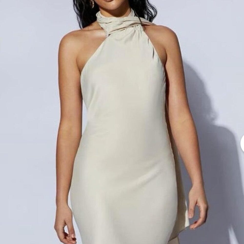 MESHKI Astrella Neck Wrap Midi A-Line Dress